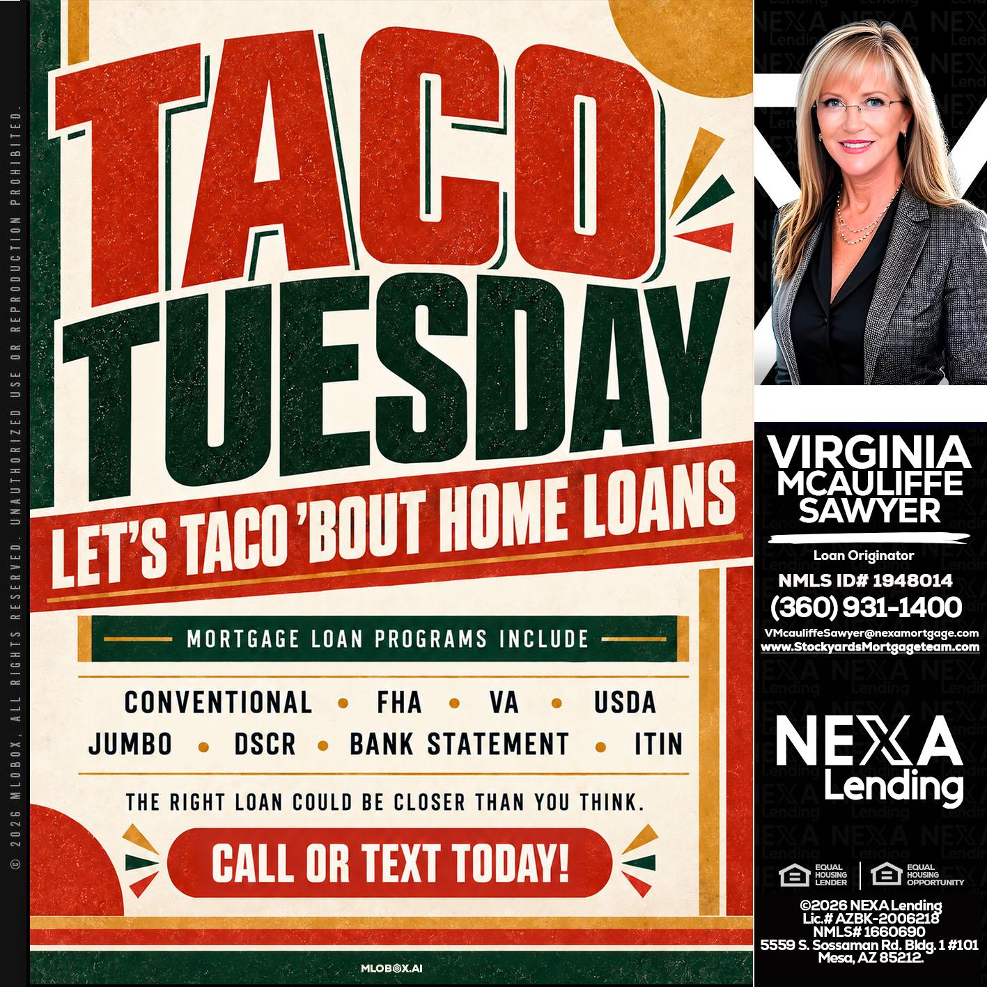 TACO TUESDAY - Virginia McAuliffe Sawyer -Mortgage Loan Originator